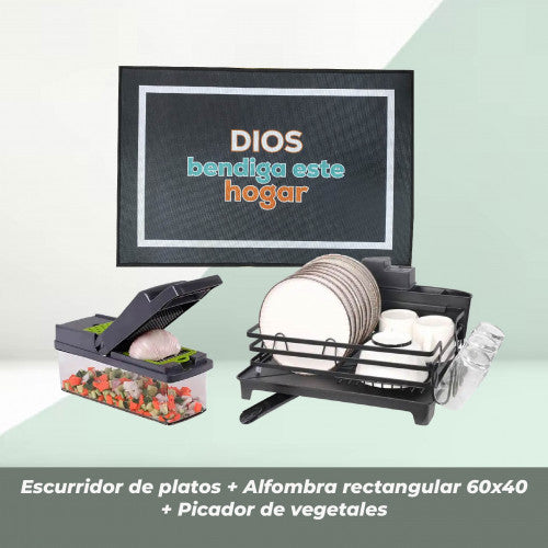 COMBO COCINA #1 ESCURRIDOR DE PLATOS + ALFOMBRA 60X40 + PICADOR DE VEGETALES 14PCS