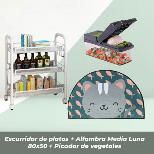 COMBO COCINA #2 ESTANTE METALICO DE 3 NIVELES + PICADOR DE VEGETALES 14PCS + ALFOMBRA MEDIA LUNA 50X80 CM