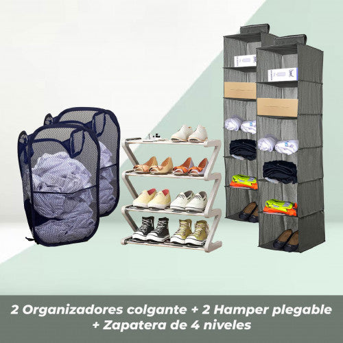 COMBO #3 ORGANIZACION - ZAPATERA DE PISO 4 NIVELES + 2 ORGANIZADORES COLGANTES DE CLOSETS + HAMPERS PLEGABLES DE TELA