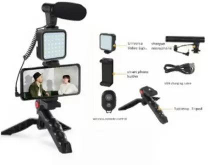 KIT PARA GRABAR VIDEO CON MICROFONO + LUZ LEDS + BASE